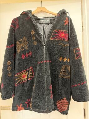 Vintage 90s Forecaster Sport Black Aztec Southwestern Sherpa Fleece Hooded Jacke